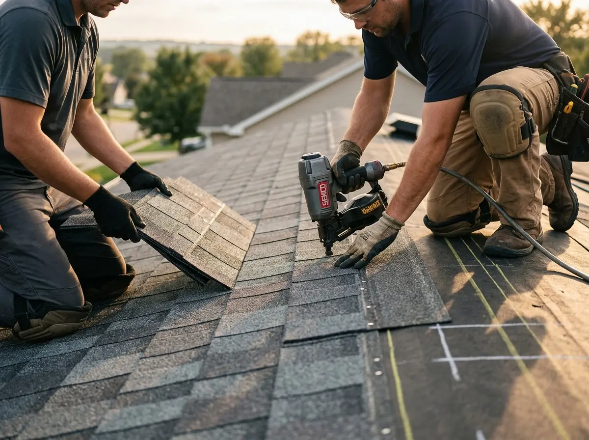 Professional roofer working on a residential roof in Frenchtown